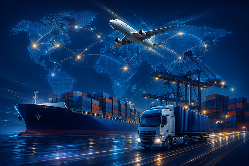 Container vessel, cargo aircraft and container trailer at a port at night, beneath a world map of international trade routes