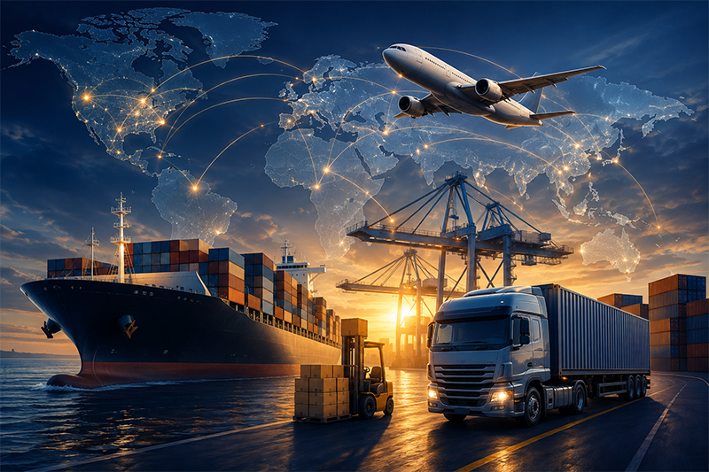 Container ship, freight aircraft and container trailer at a port terminal at sunset, linked by global air and sea routes