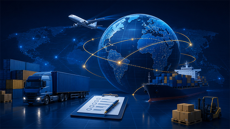 Import and export planning documents beside a globe traced with gold trade routes, a cargo trailer, container ship and freight aircraft