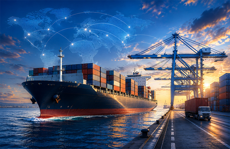 Loaded container vessel arriving at a port terminal beside gantry cranes at sunset