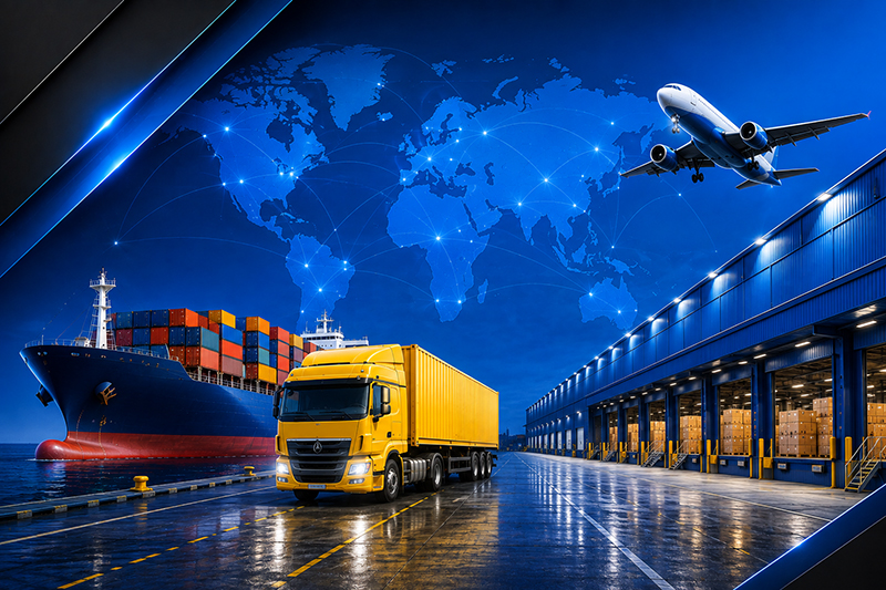 Container ship, cargo trailer, freight aircraft and warehouse loading bays set against a global trade network
