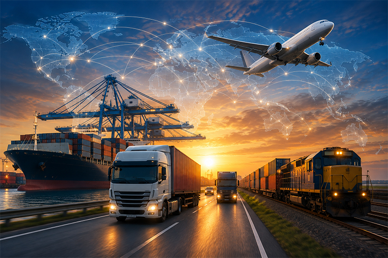 Container trailers on a highway at sunset, with a docked container ship, freight train and cargo aircraft alongside